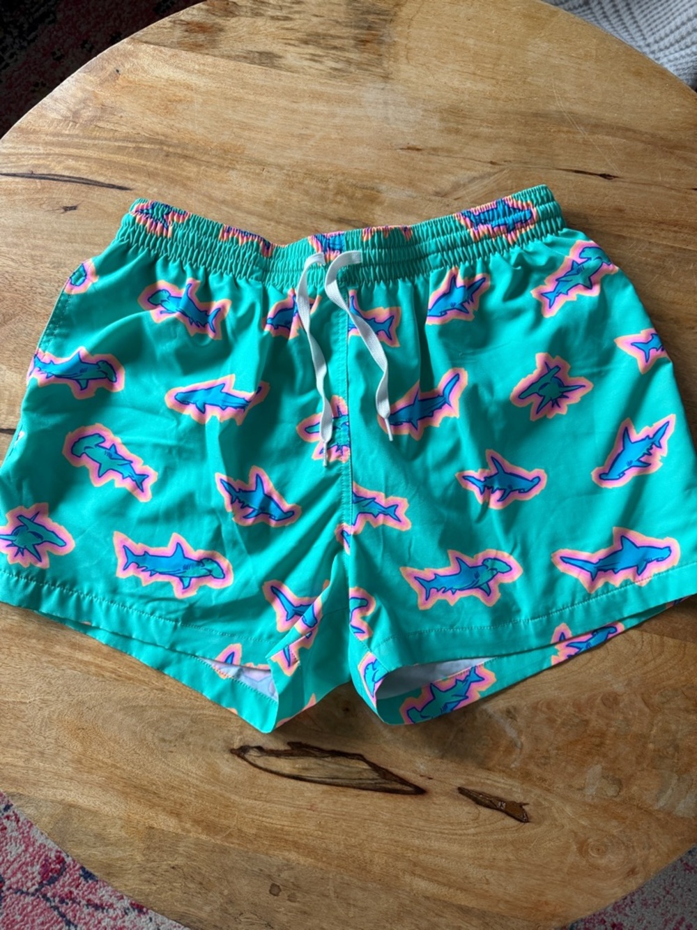 chubbies Teal Swim Trunks with Pink and Blue Shark Print